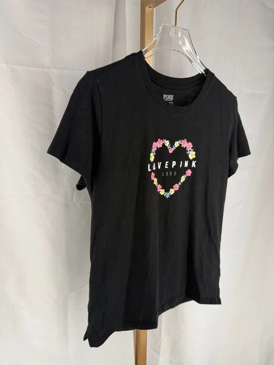 PINK Victoria’s Secret Love Heart Floral Logo Tee Shirt Top - XS - Black - Picture 8 of 10